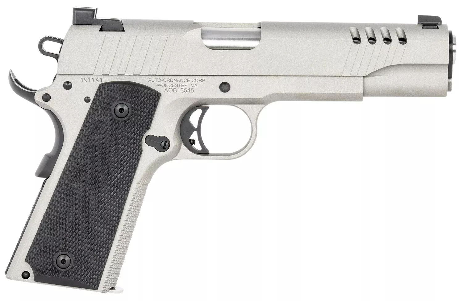 Auto-Ordnance 1911TCAC6 1911 A145 ACP 7+1 5″ Savage Silver Cerakoate, Serrated/Ported Slide,Black Rubber Grips, Fixed 3-Dot Combat Day Sights