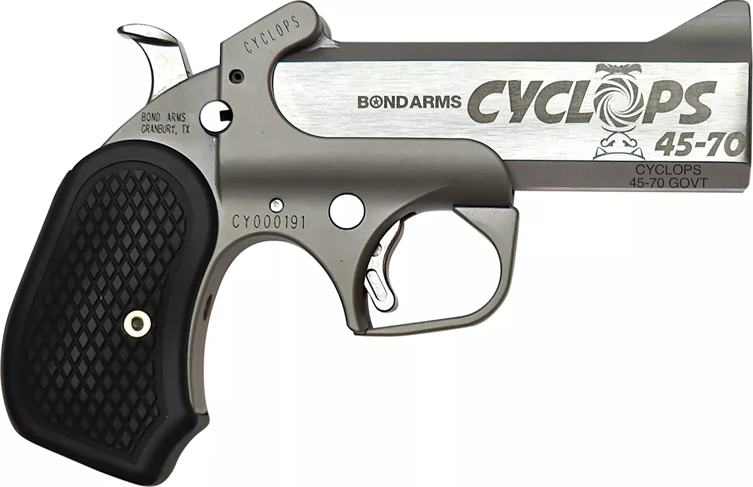 Bond Arms BACY Cyclops45-70 Gov 1rd Shot 4.25″ Stainless Stainless Steel Barrel Matte Stainless Black Extended B6 Resin Grips