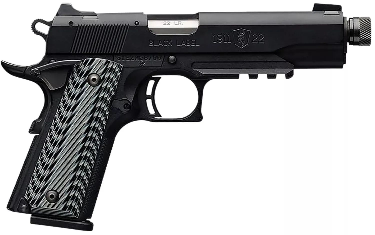 Browning 051820490 1911-22 Black Label SR Full Size 22 LR 10+1, 4.88″ Stainless Steel Threaded Barrel, Matte Black Serrated Slide & Polymer Frame W/Beavertail & Picatinny Rail