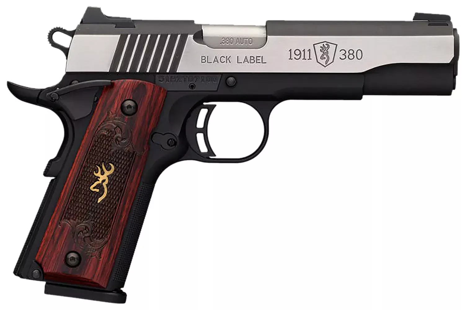Browning 051914492 1911 Black Label Medallion Pro 380 ACP 8+1 4.25″ Target Crown Barrel, Blackened W/Silver Polished Flats Serrated SS Slide, Matte Black Polymer Frame W/Beavertail