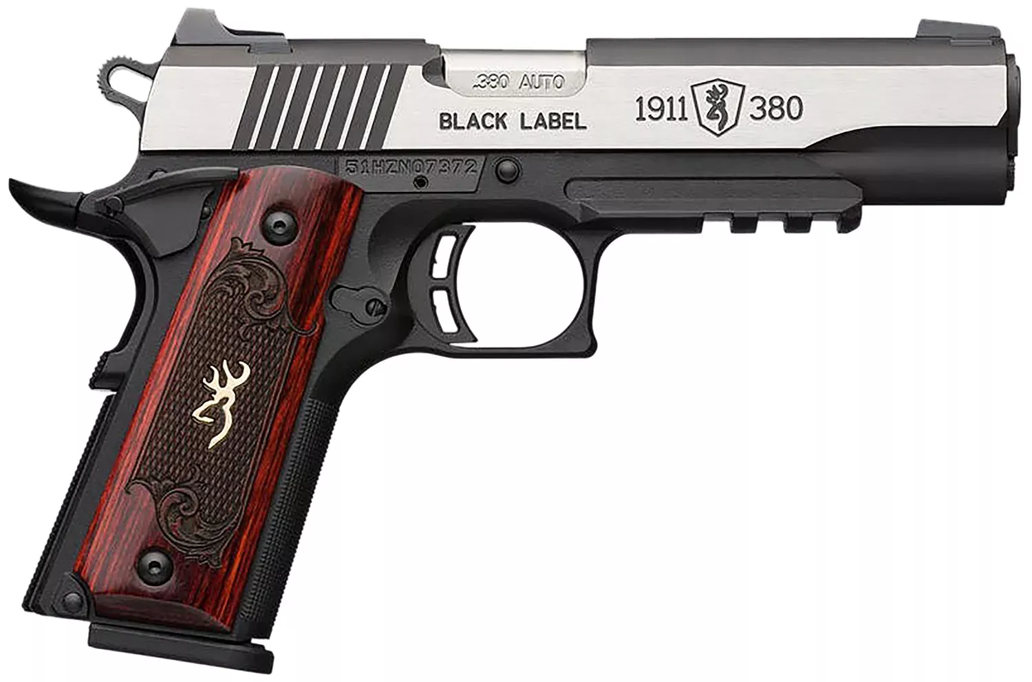Browning 051969492 1911-380 Black Label Medallion Pro 380 ACP 4.25″ 8+1 Matte Black Stainless Steel with Black Accents Rosewood with Integrated Gold Buck Mark Inlay Grip Fixed 3-DOT Picatinny Rail