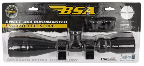 BSA 45039X40AOWRTB Sweet 450 Bushmaster Matte Black 39x40mm AO 1 Tube 3030 Reticle Features Weaver Rings UPC: 793676096100