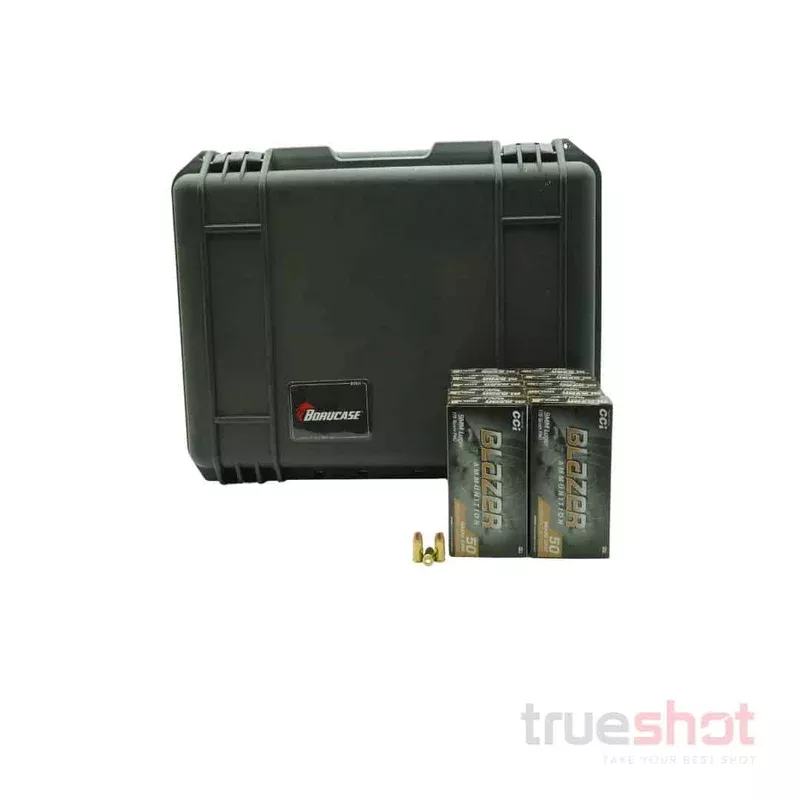 BUNDLE DEAL: Black Borucase Pistol Case and 500 Rounds of Ammo