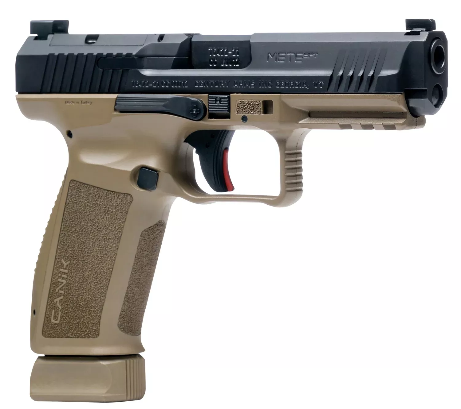 Canik HG5636N Mete SFT Full Size Frame 9mm Luger 20+1/18+1, 4.46″ Black Match Grade Barrel, Black Nitride Serrated Steel Slide, Flat Dark Earth Polymer Frame w/Picatinny Rail, Ambidextrous