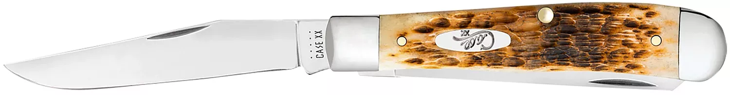 Case 00164 Trapper Medium 3.25″/3.27″ Folding Clip Point/Spey Plain Mirror Polished Tru-Sharp SS Blade Peach Seed Jigged Amber Bone Handle