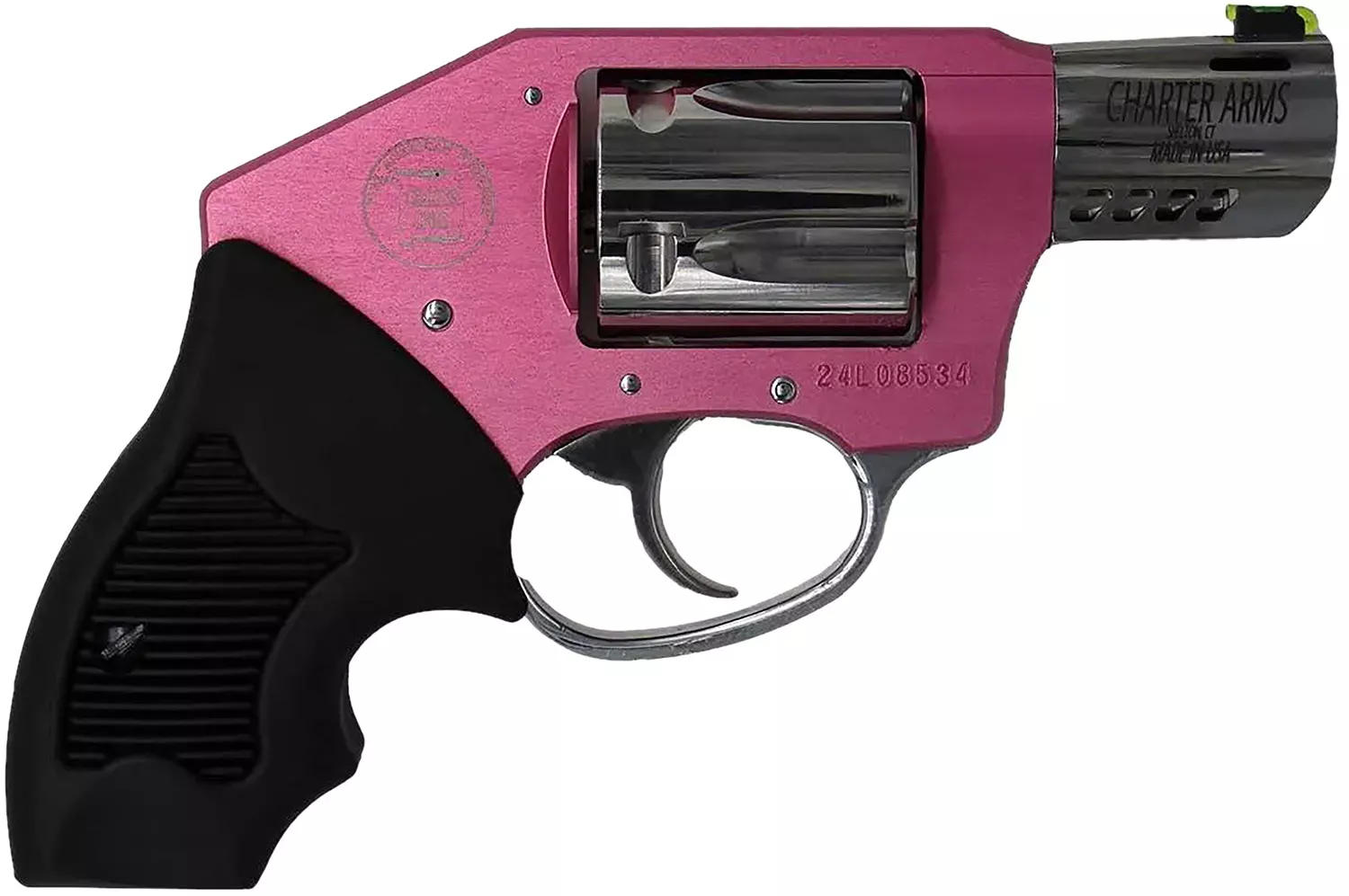 Charter Arms 53812 Off Duty Coyote 380 ACP 5RD 2″ Stainless Ported Barrel, High Polished Cylinder, Pink Aluminum Frame, Black Finger Grooved Rubber Grip, Concealed Hammer