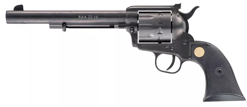 Chiappa Firearms CF340170 SAA 1873Medium Frame 22 LR 10 Shot, 7.50″ Blued Steel Barrel, Blued Steel Frame, Blued Cylinder, Black Plastic Grip, Exposed Hammer