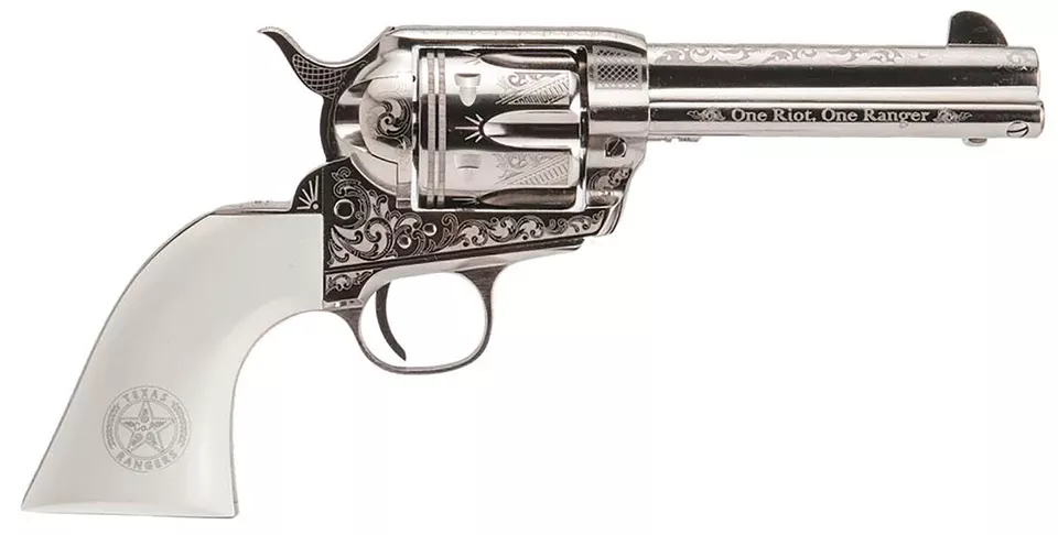 Cimarron Frontier Texas Ranger 45 Colt Revolver - Engraved Nickel-Plated, 4.75" Barrel, White Polymer Grip