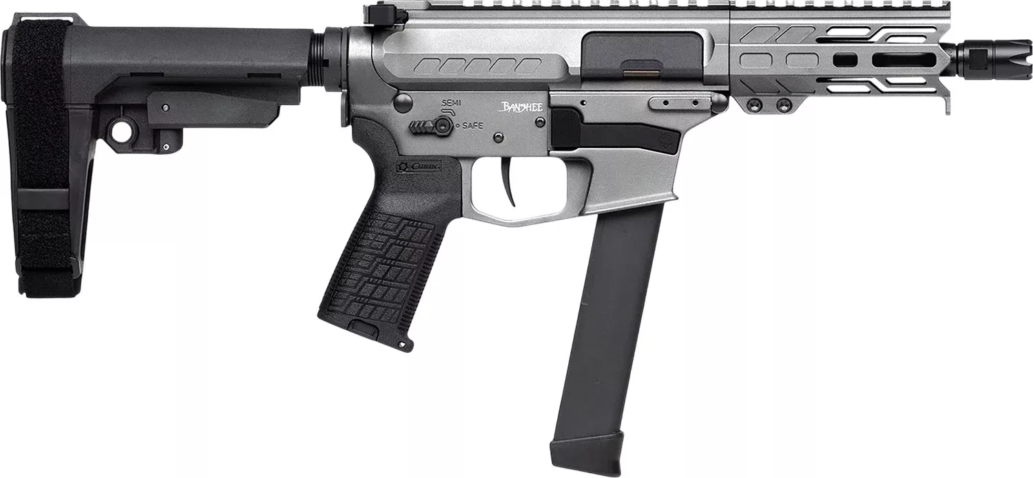 CMMG 99A290FTNG Banshee FE MkGs 9mm Luger 33+1 5″ Black Nitride Threaded Barrel, M-LOK Handguard, Tungsten Cerakote Aluminum Receiver w/Picatinny Rail, Black Polymer CMMG RipBrace, CMMG Zeroed Grip