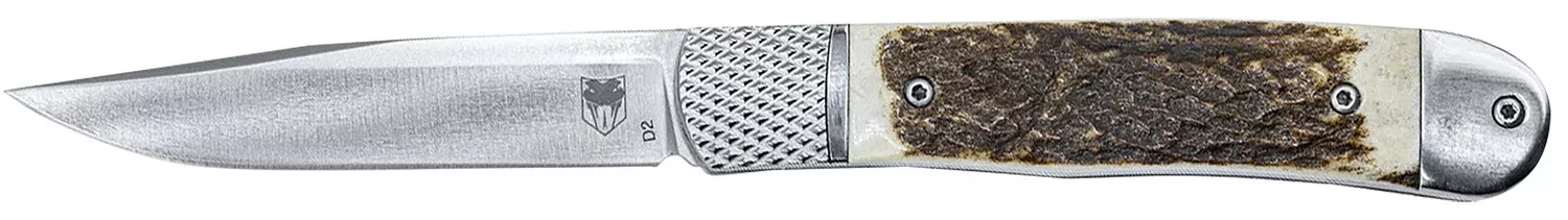 CobraTec Knives CTTHRSTG Trapper Hidden Release 3.12″ Flip Open Drop Point Plain Satin D2 Steel Blade, 4.25″ Stag Scales Handle