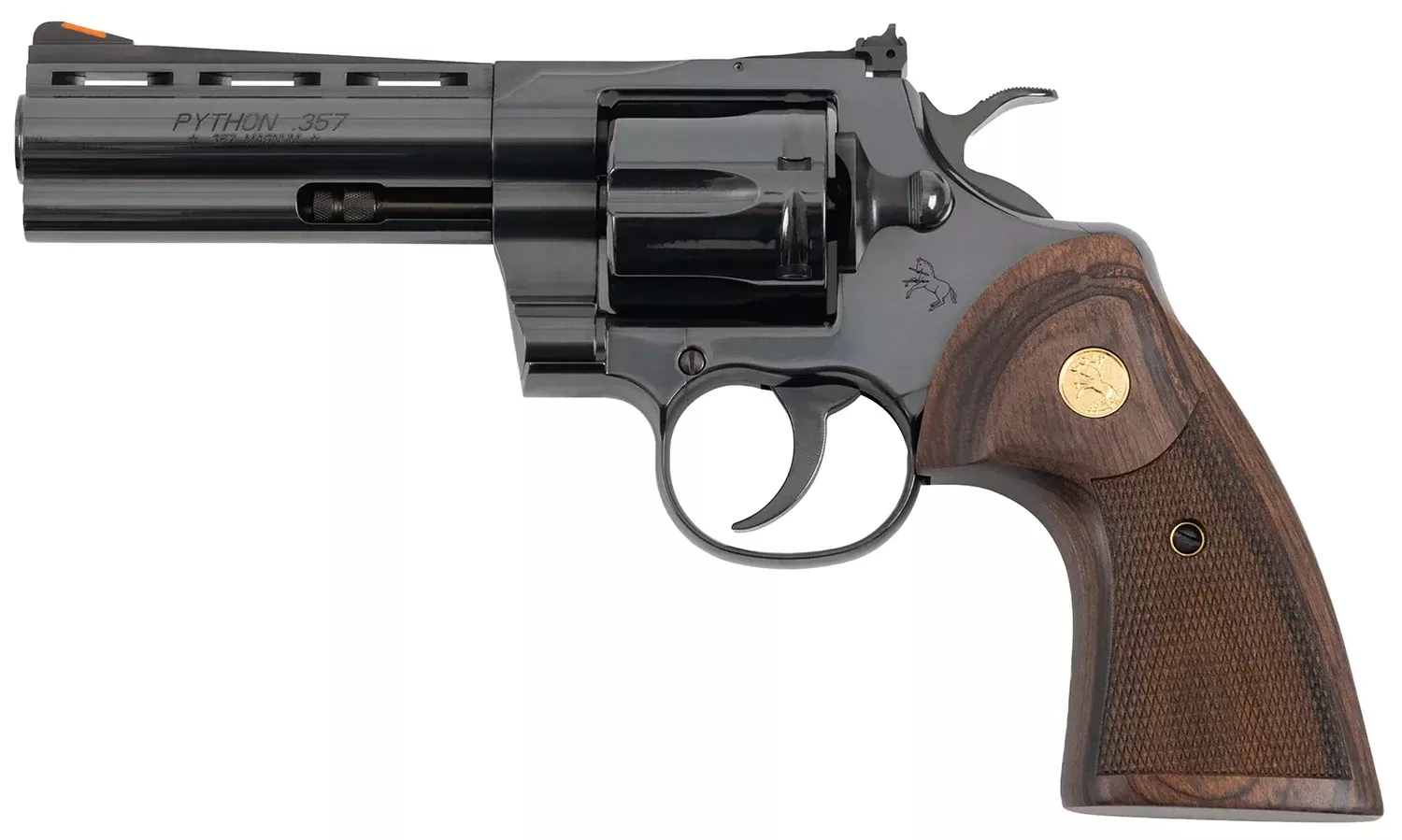 Colt Mfg PYTHONBP4WTS Python Target 357 Mag/38 Special 6 Shot 4.25″ Matte Black Carbon Steel Recessed Target Vent Rib Barrel, Cylinder & Frame, Walnut w/Medallion Grip, Exposed Hammer