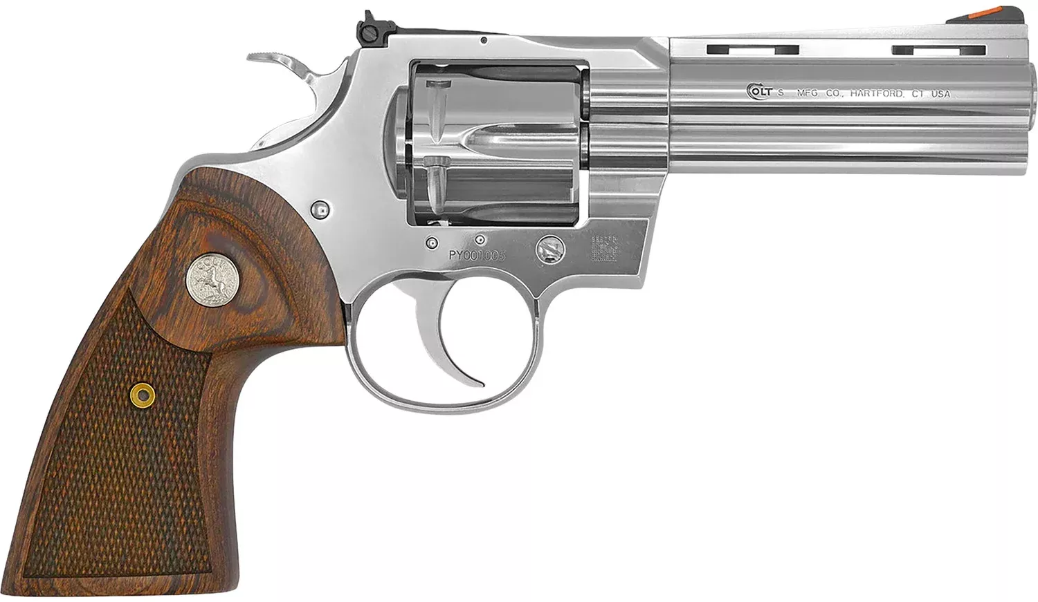 Colt Mfg PYTHONSP4WTS Python38 Special/357 Mag 6 Shot 4.25″ Stainless Vent Recessed Target/Vent Rib Barrel, Cylinder & Frame, Walnut w/Colt Medallion Grip