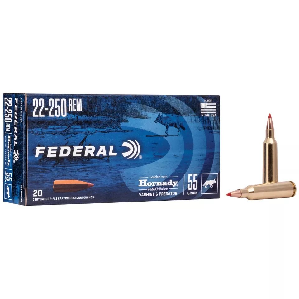 Federal V&P 22-250 Remington 55 Grain V-MAX Ammunition - 20 Rounds/200 Rounds