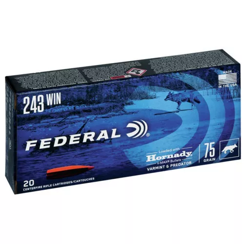 Federal Varmint & Predator Hyper Velocity Centerfire Ammunition, 243 Winchester, Hornady V-Max, 75 Grain – 20 Cartridge Box ( 20 / 1 )