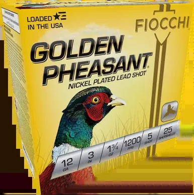 Fiocchi Golden Pheasant 12 Gauge Ammo 3″ #5 Nickel Plated Lead Shot 1-3/4 oz Box of 25