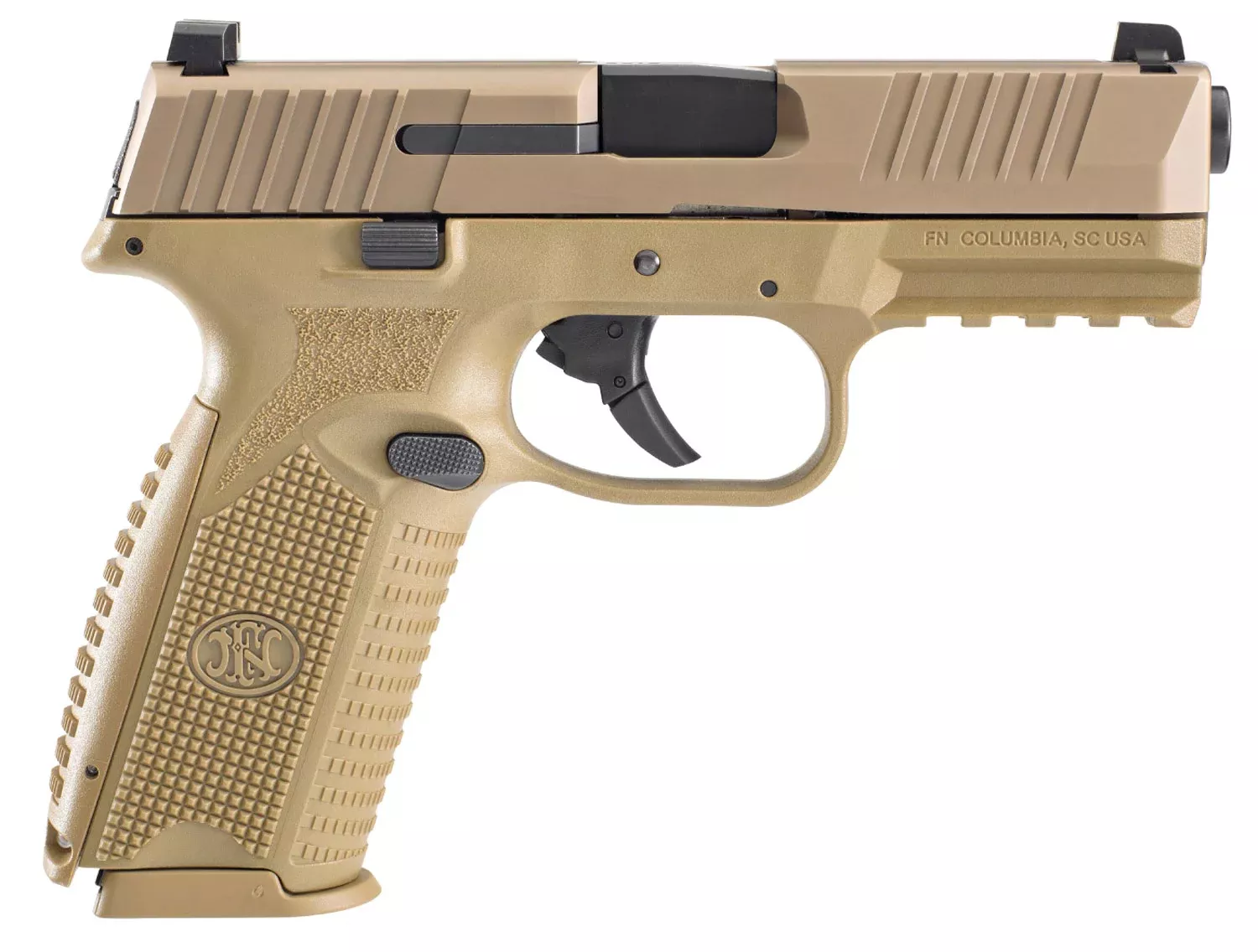 FN 66100489 5099mm Luger 17+1 4″ Black Target Crown Steel Barrel, Flat Dark Earth Serrated Stainless Steel Slide & Polymer Frame w/Picatinny Rail, FDE Interchangeable Backstrap Grip, Ambidextrous