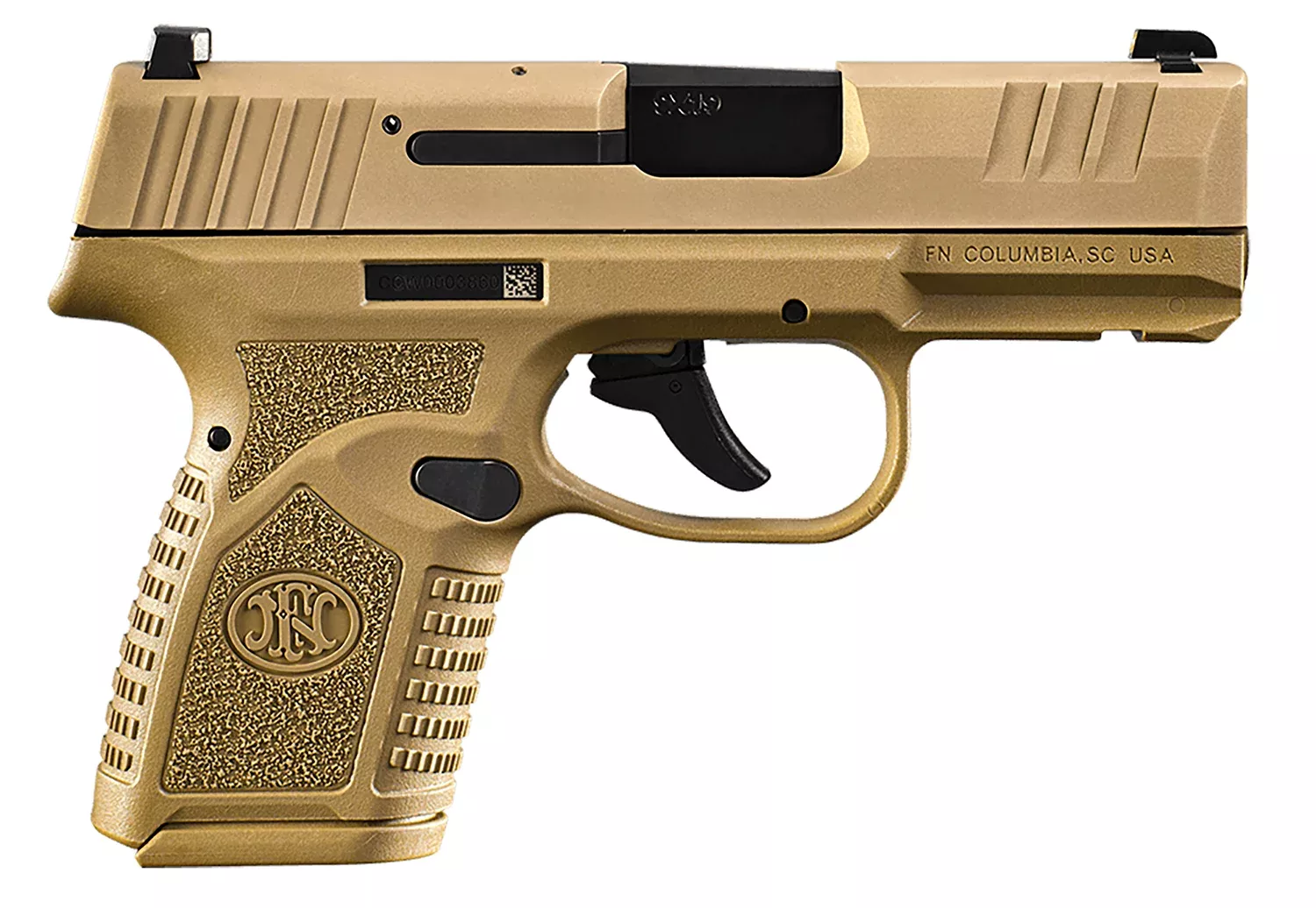FN 66101413 ReflexMicro-Compact Frame 9mm Luger 10+1, 3.30″ Black Target Crown Steel Barrel, Flat Dark Earth PVD Serrated Steel Slide, Flat Dark Earth Polymer Frame w/Picatinny Rail, Ambidextrous