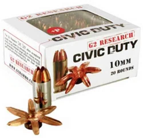 G2 Research Civic Duty 10MM 122 Grain Lead Free Copper 20 Round Box California Certified FALSEnlead Ammunition G00622