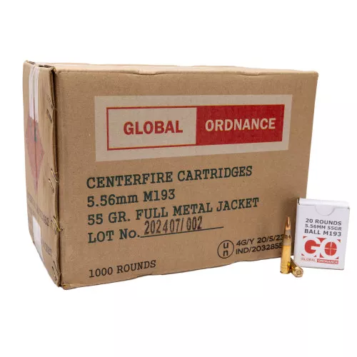Global Ordnance 5.56x45mm M193 55 Grain FMJ Brass 20rd Boxes 1000rd Case UPC: 850003223353