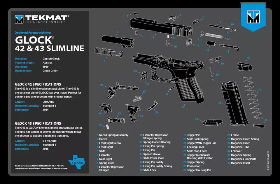 Glock 42/43 Cleaning Mat with Parts Diagram - 11"x17" Rubber Mat in Black/Blue/White