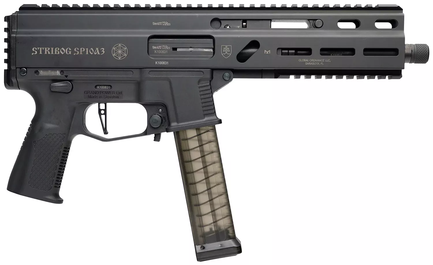 Grand Power 810091157152 SP10A3 Stribog 10mm Auto 20+1 8″ Black Threaded Barrel, Black Aluminum Picatinny Rail Receiver, Rear picatinny Rail, Black Polymer Grip, Thread Protector