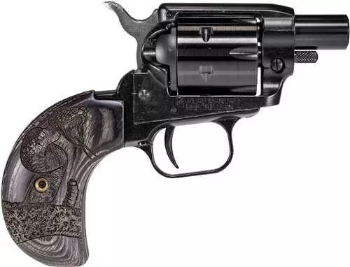 Heritage Manufacturing Barkeep Boot Rimfire Revoler .22 Long Rifle 1.68" Barrel 6Rd Capacity Fixed Front, FALSEtched Rear Sights Custom Wood Burnt Snake Grips Black Finish