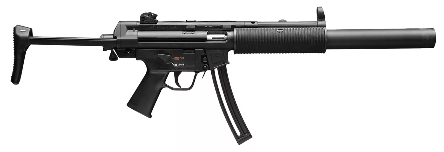 HK 81000469 MP5Full Size 22 LR 10+1 16.10″ Black Steel Barrel. Black Retractable Black Polymer Stock & Grips
