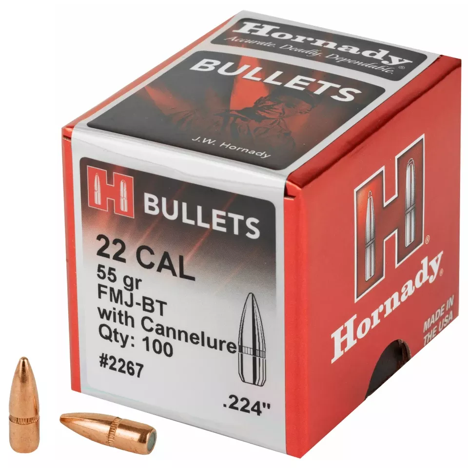 Hornady .22 Caliber .224 Diameter 55 Grain Bullets with Cannelure, 100 Count