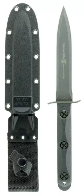 KaBar EK44 Ek Model 4 6.63 Fixed Double Edge Spear Point Plain Stonewashed 1095 CroVan Blade Black GRN Handle Includes Sheath UPC: 617717201448