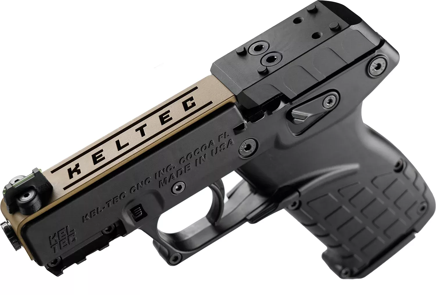 Kel-Tec P17BBLKORTANS P17Sports South Exclusive 22 LR 16+1 3.80″ Black Steel Barrel, Tan Optic Ready/Serrated Slide, Black Polymer Frame w/Picatinny Rail, Textured Grip
