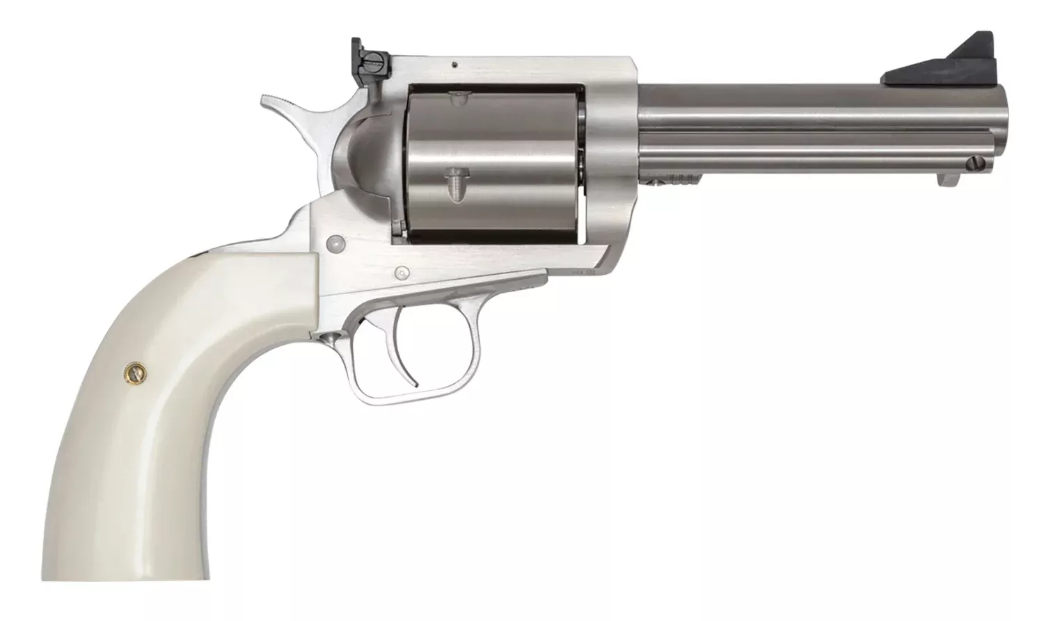 Magnum Research BFR44MAG5B6 BFR Short Cylinder 44 Rem Mag 6 Shot, 5″ Brushed Stainless Steel Barrel, Cylinder& Frame, White Polymer Grip, Hammer Safety, Exposed Hammer