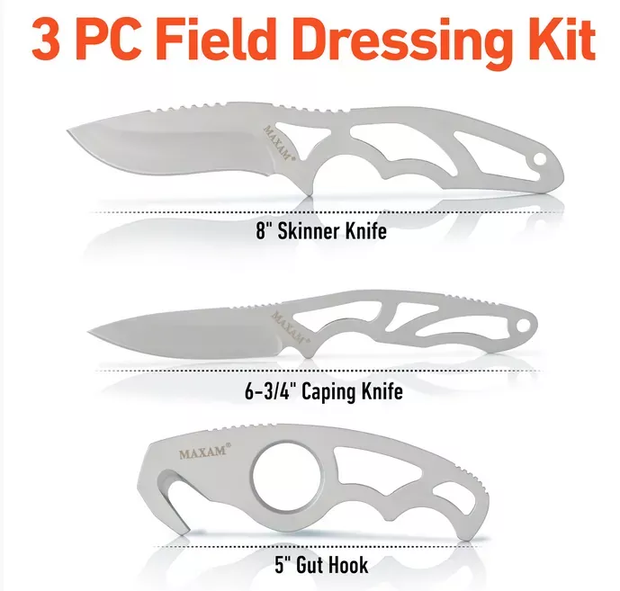 Maxam 3-Piece Stainless Steel Field Dressing Kit – 8″ Skinning Knife, 6 3/4″ Caping Knife, 5″ Gut Hook Knife w/ Nylon Sheath & Storage Pocket