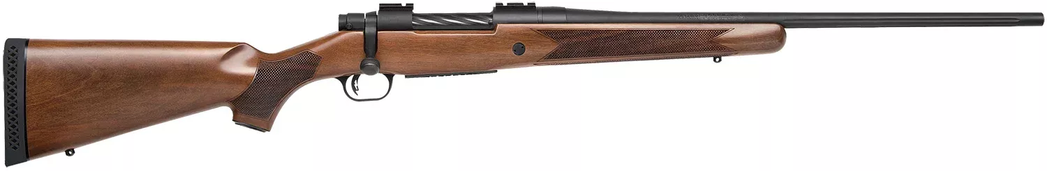 Mossberg 27876 PatriotFull Size 25-06 Rem 5+1 22″Matte Blued Fluted Barrel, Drilled & Tapped Matte Blued Stainless Steel Receiver, Walnut Fixed Stock, Right Hand