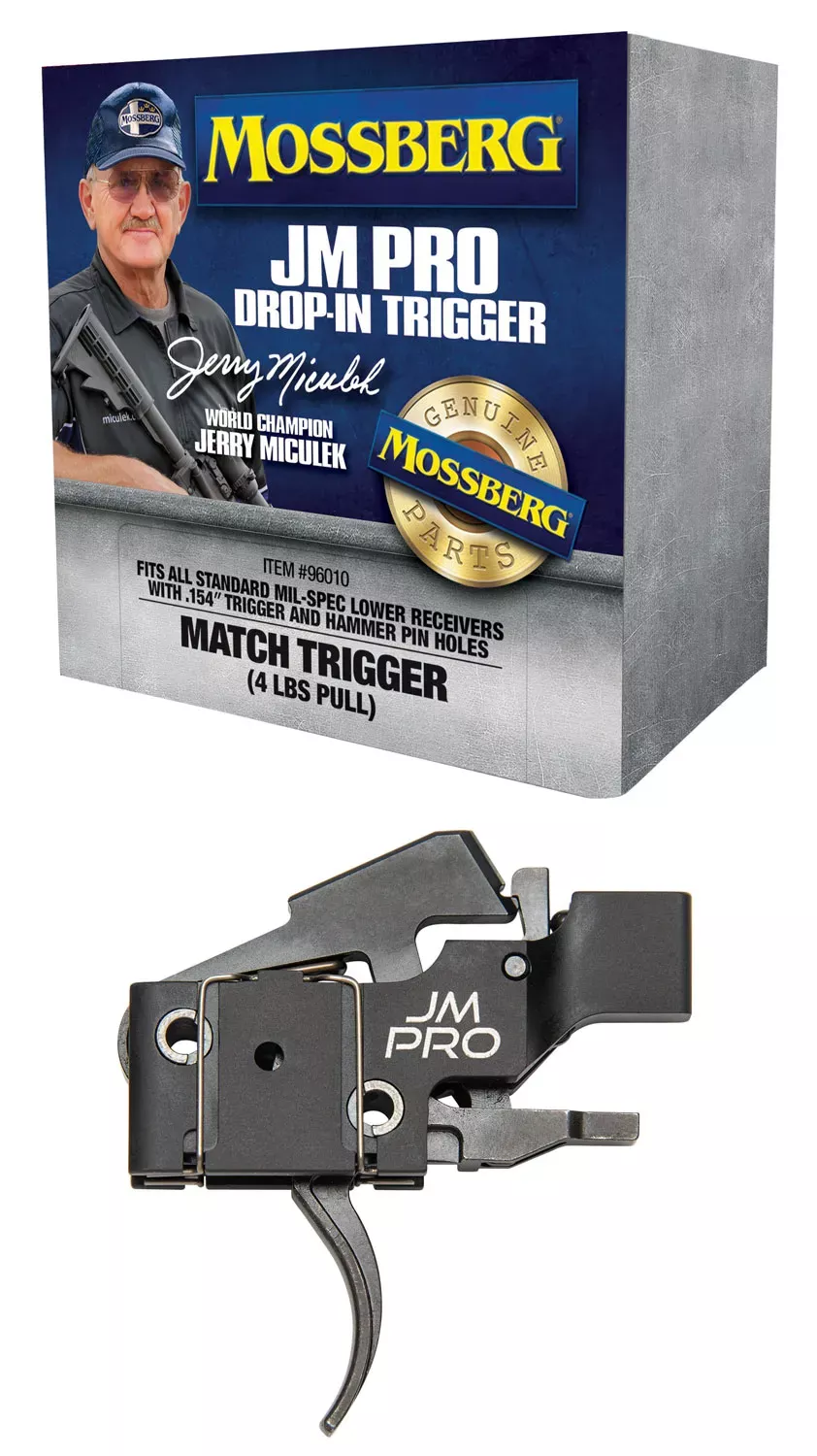 Mossberg 96010 JM Pro Adjustable Match AR Drop-In Trigger, Fits AR15S & AR10S W/.154″ Trigger & Hammer Pin Holes, Factory-Set 4 Pound Pull Weight