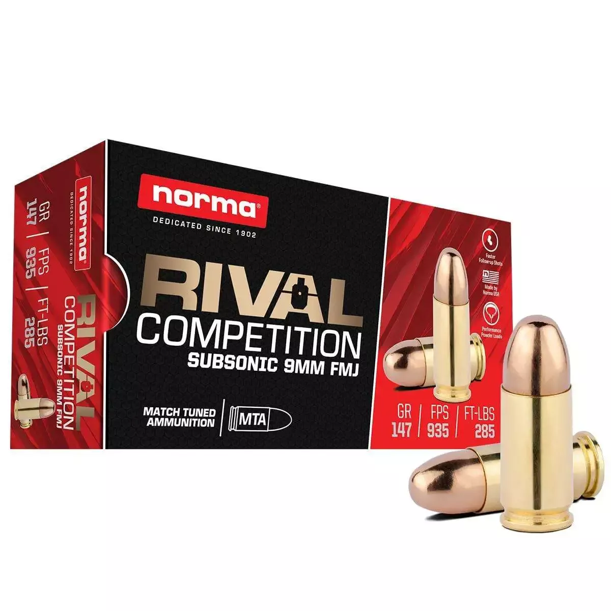 Norma Rival Competition Subsonic Rifle Ammunition 9mm Luger 147 Grain FMJ 935 fps 50/ct