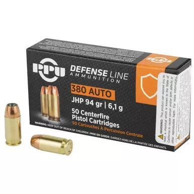 PPU .380 ACP Ammunition 94 Grain Jacketed Hollow Point Box of 50