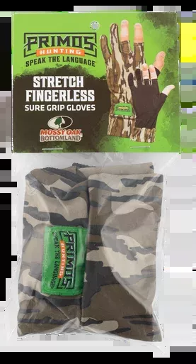 Primos Stretch Fingerless Gloves Mossy Oak Bottomland Camo One Size Fits Most