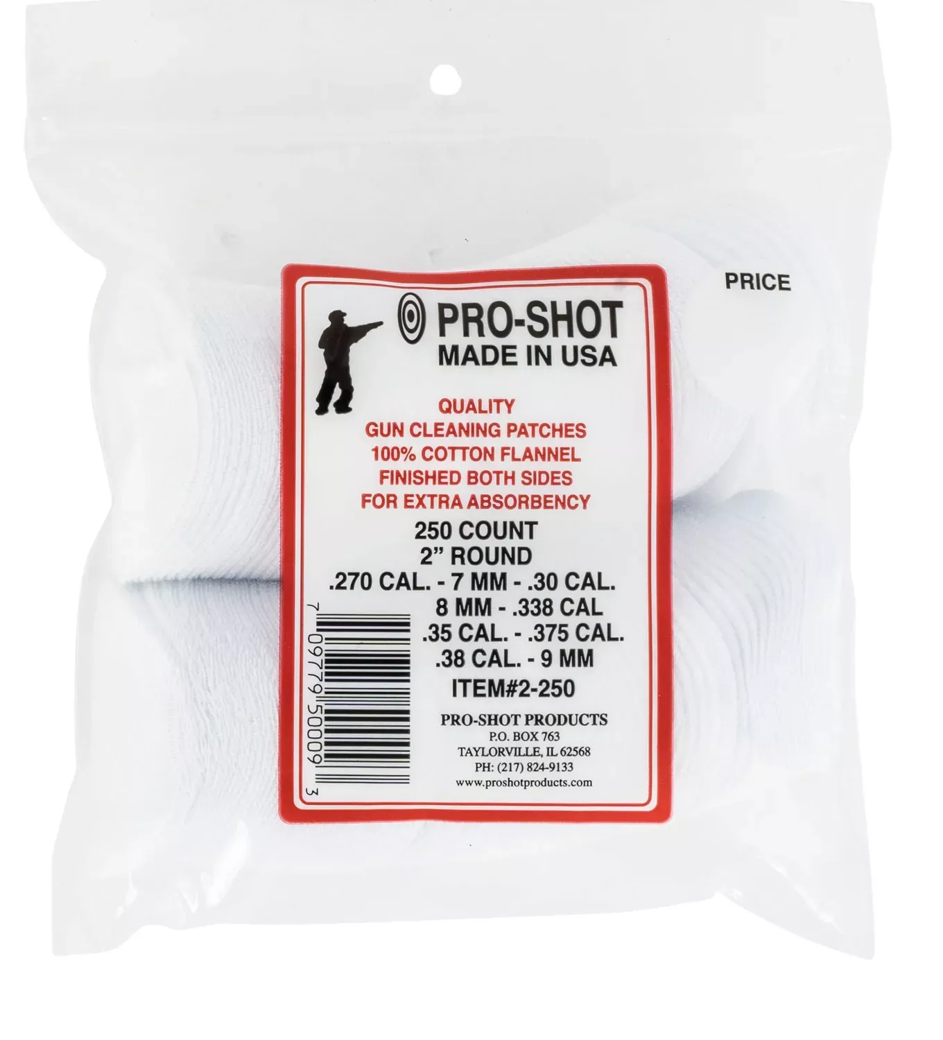 Pro-Shot 2250 Cleaning Patches .270 – .38 Cal 2″ Round Cotton Flannel 250 Pack