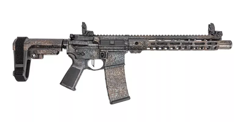 PSA Custom 10.5″ Nitride 5.56 NATO W/ 12″ Slant Rail, PSA Custom Flatbow FCG, Magpul Mbus Sights – Copper