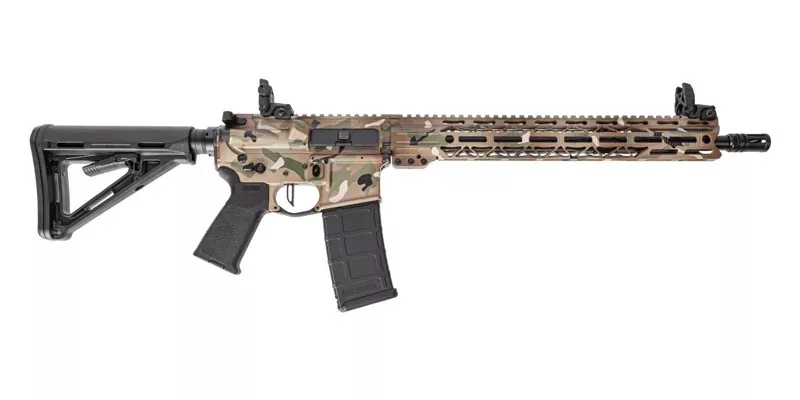 PSA Custom 16″ 5.56 NATO Nitride Rifle W/ PSA Custom Flatbow FCG, Magpul Mbus Sights, Multi Cam