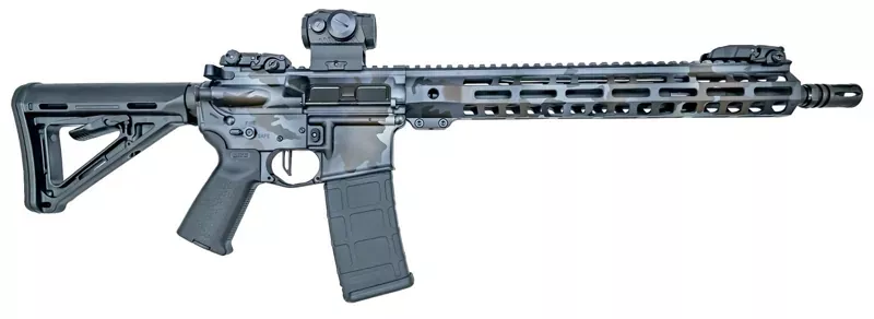 PSA Custom 5.56 NATO 14.7″ Pin & Welded Nitride 13.5″ Rifle W/ Flatbow FCG, Romeo 5 – Dusk Fall