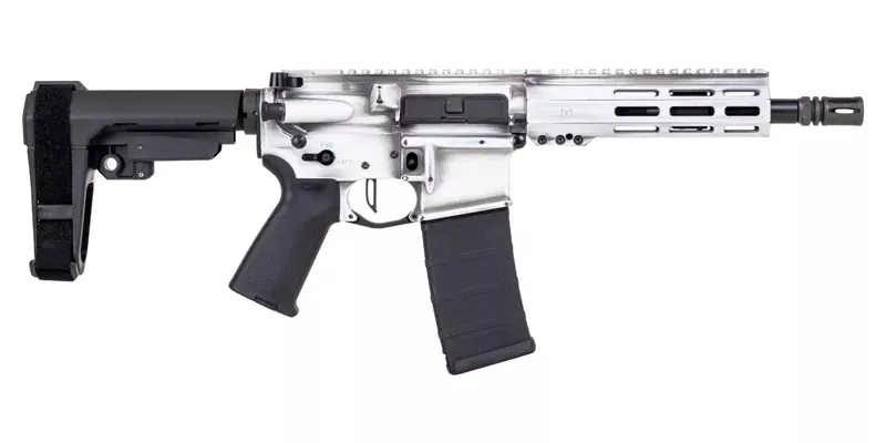 PSA Custom 8.5″ 5.56 NATO 1/7 Nitride Pistol W/ PSA Custom Flatbow FCG, White & Grey Battleworn