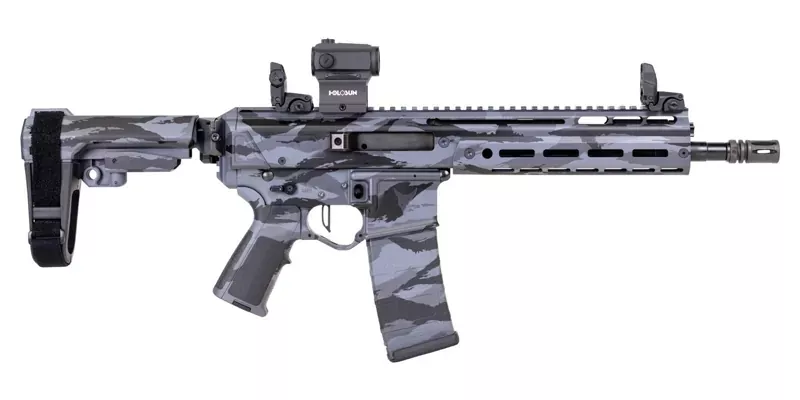 PSA Custom Jakl 10.5″ 5.56 NATO 1/7 Nitride Pistol, Flat FCG, Holosun, Smokey Tiger Stripe Camo