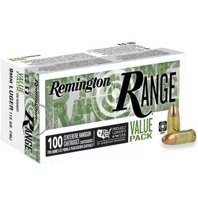 Remington Range Handgun Ammo 9mm Luger 115 Grain FMJ 1145 fps 100 Rounds