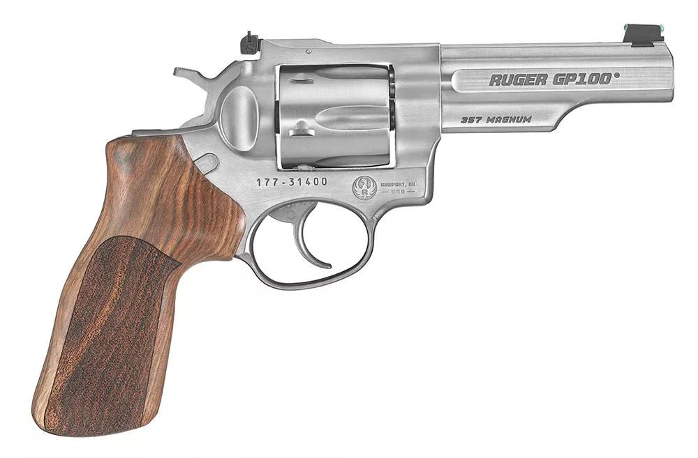 Ruger 1755 GP100 Match Champion Medium Frame 357 Mag 6rd 4.20″ Satin Stainless Steel Half-Lug Barrel, Cylinder & Frame, Hogue Stippled Hardwood Grip, Transfer Bar Safety