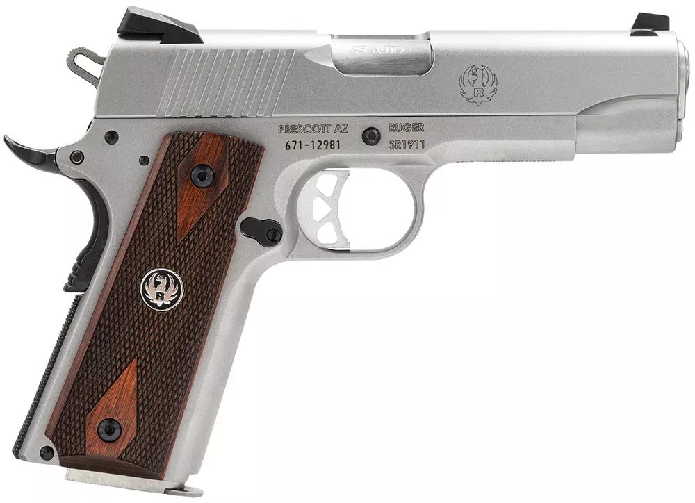 Ruger 6702 SR1911 Commander-Style 45 ACP 7+1 4.25″ Stainless Steel Barrel, Serrated Stainless Steel Slide, Stainless Steel Frame w/Beavertail, Hardwood Grip