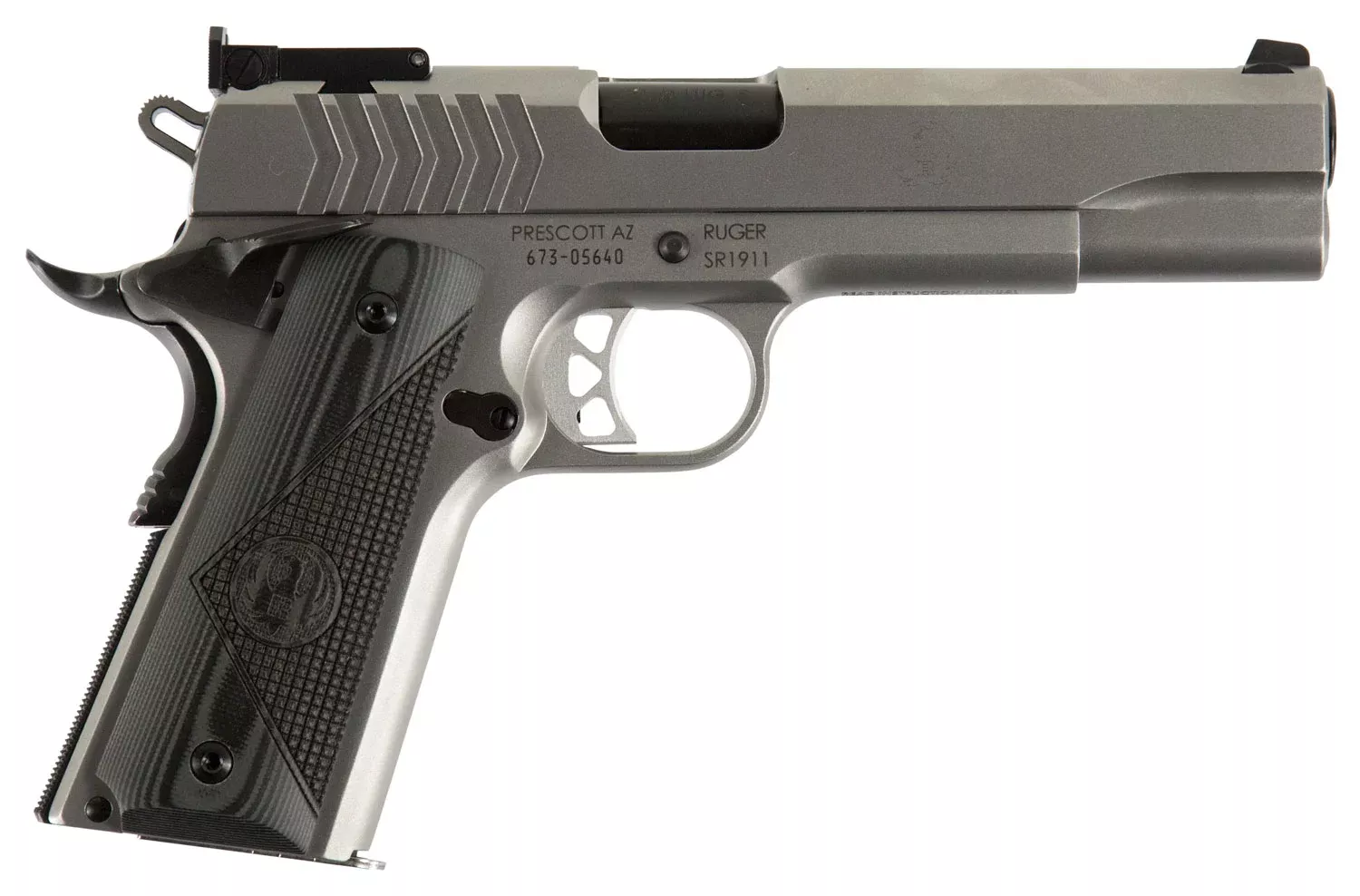Ruger 6759 SR1911 Target 9mm Luger 9+1 5″ Black Steel Barrel, Low-Glare Stainless Steel Serrated Slide, Low-Glare Stainless Steel Frame w/Beavertail, Deluxe Checkered G10 Grip, Right Hand