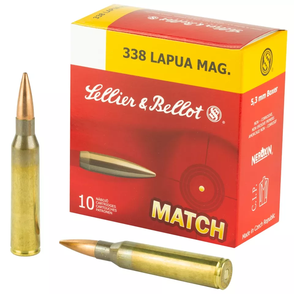S&B .338 Lapua Magnum 300gr Sierra MatchKing Ammunition - 10 Rounds/Box, 100 Rounds/Case