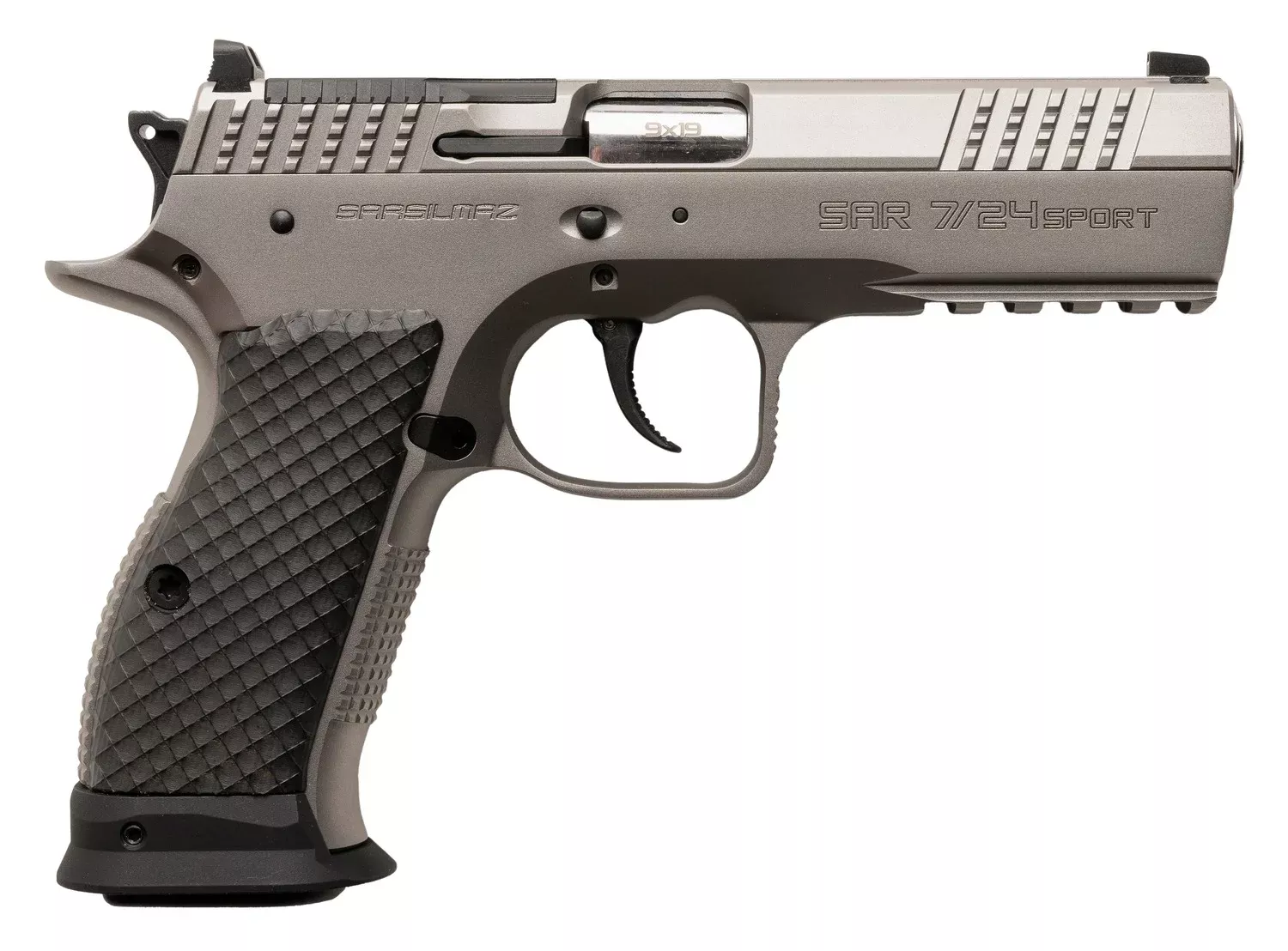 Sarsilmaz SAR7/24SPT 7/249mm Luger 17+1 4.40″ Stainless Barrel, Matte Stainless Steel Optic Cut/Serrated Slide, Matte Stainless Steel Frame w/Beavertail & Picatinny Rail, Black Polymer Grip