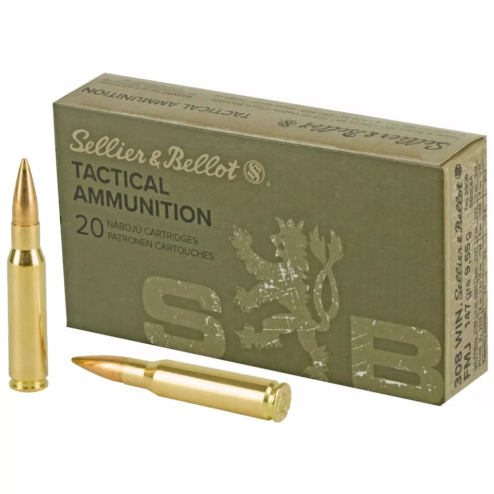 Sellier & Bellot .308 Winchester 147 Grain FMJ Ammunition - 20 Rounds/500 Rounds Bulk Pack